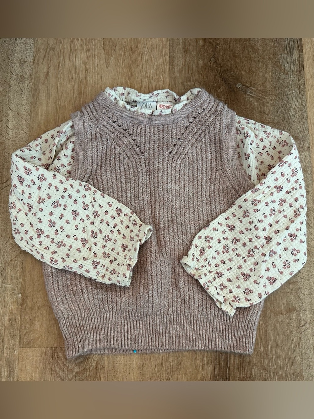 Zara Girls Dusty Rose Knit Sweater with linen sleeves.